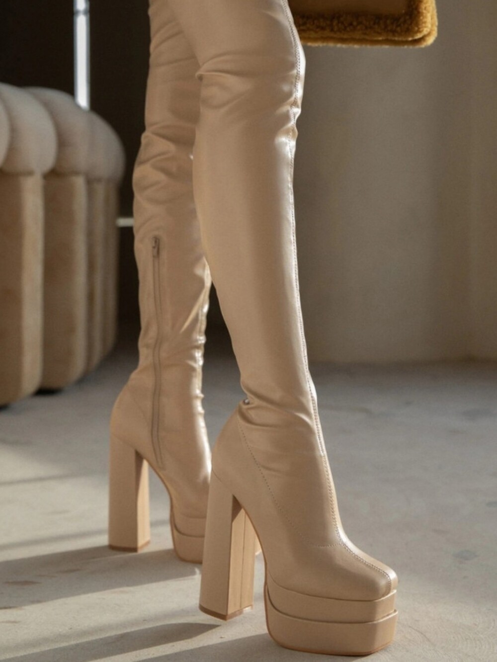 🔥 Thigh High Block Beige Faux Leather Boots🔥